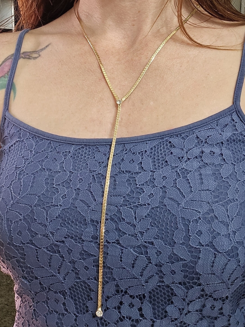 Gold Tone Rhinestone Lariat Y Necklace Long Drop Adjustable - Picture 2 of 6